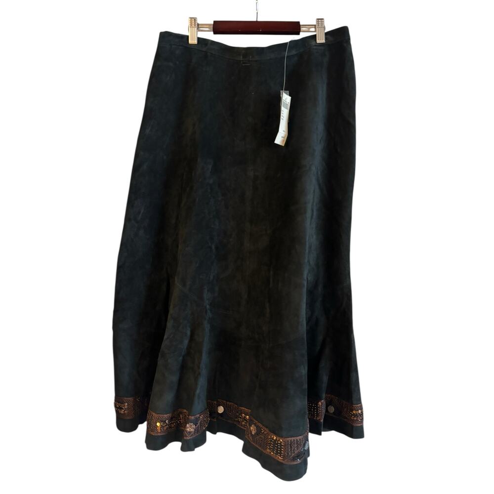 Vtg Chico's Suede Leather Midi Skirt Black Size 3 US XL Detailed Hem NWT